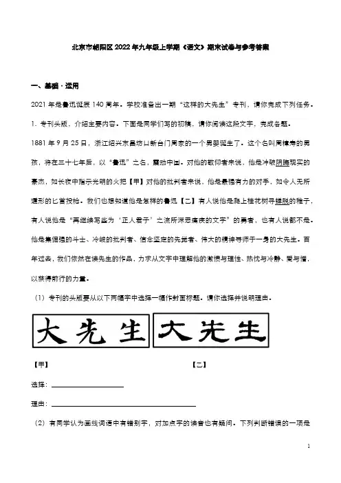 北京市朝阳区2022年九年级上学期《语文》期末试卷与参考答案