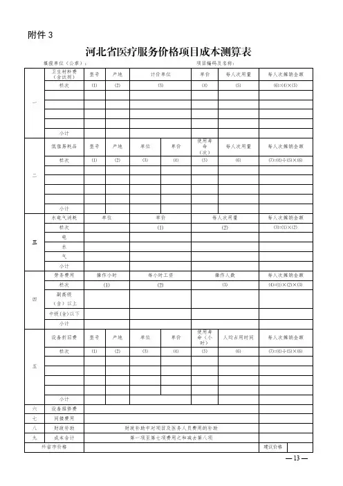 河北省医疗服务价格项目成本测算表及填写说明