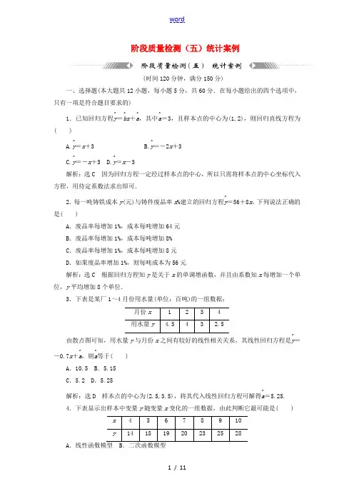 高中数学 阶段质量检测(五)统计案例 苏教版选修2-3-苏教版高二选修2-3数学试题