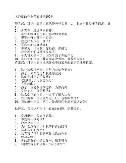 老师批改作业精彩评语100例
