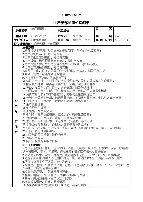 生产部部长职位说明书