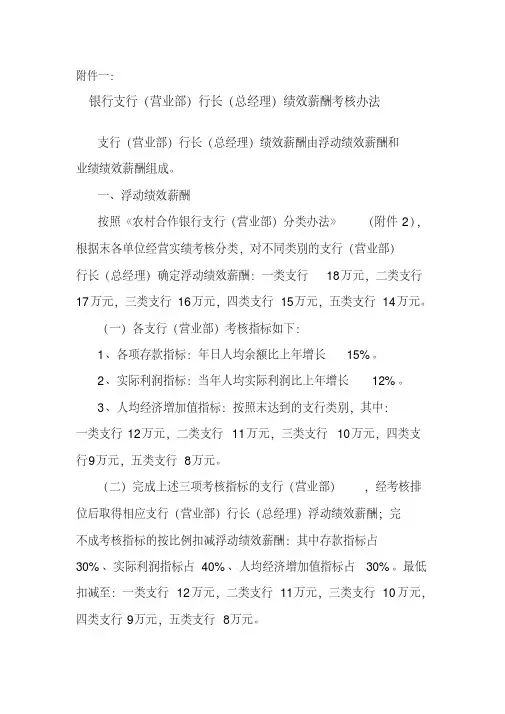 银行支行(营业部)行长(总经理)绩效薪酬考核办法[2020年最新]