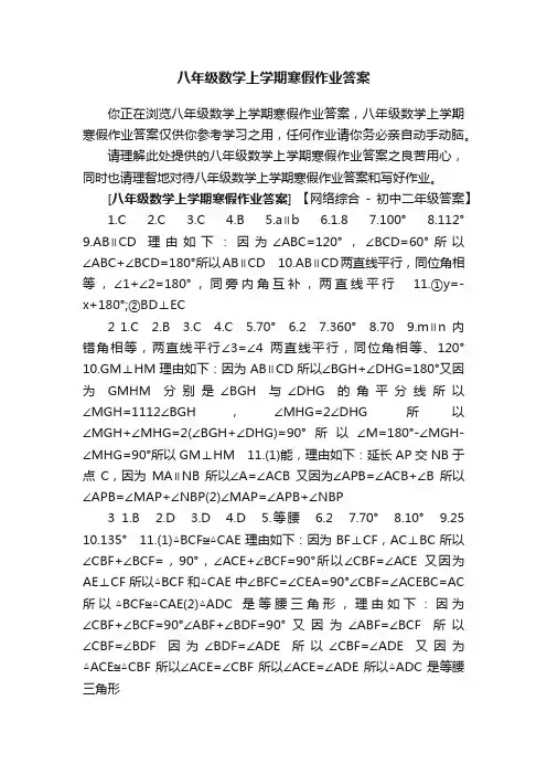 八年级数学上学期寒假作业答案