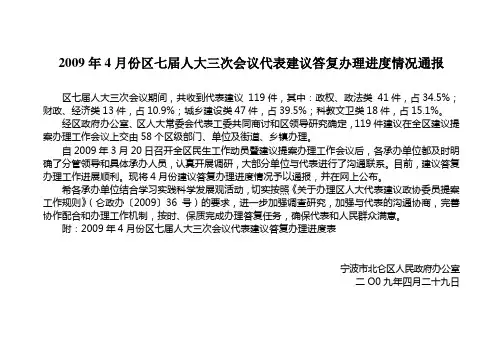 2009年4月份区七届人大三次会议代表建议答复办理进度情