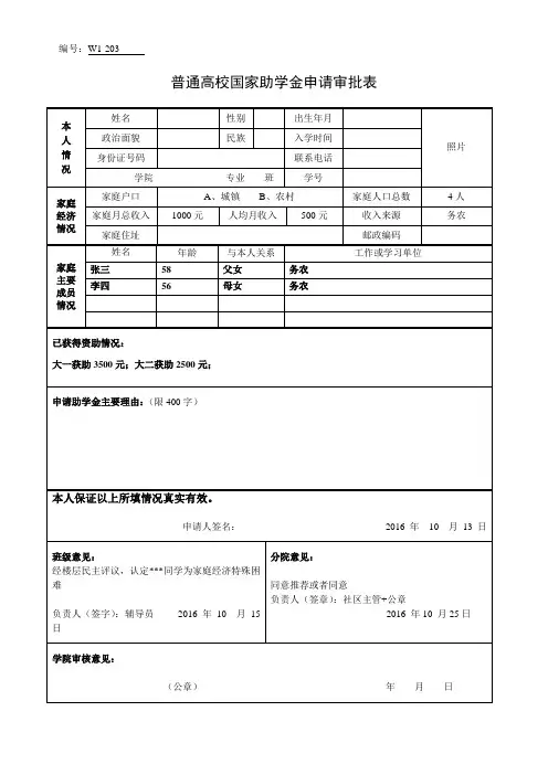 国家助学金申请审批表