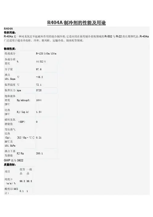 R404A制冷剂的性能及用途