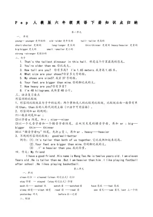 人教版pep六年级英语下册期末复习知识点