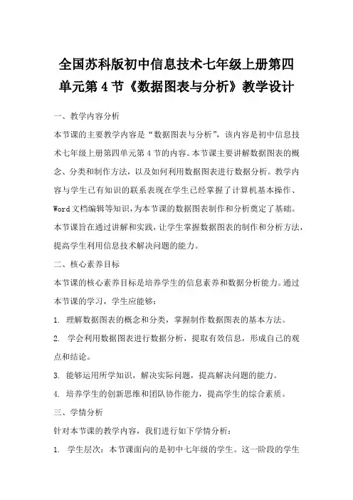 全国苏科版初中信息技术七年级上册第四单元第4节《数据图表与分析》教学设计