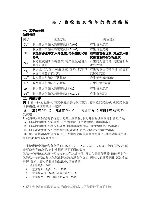 初中化学离子的检验及简单的物质推断