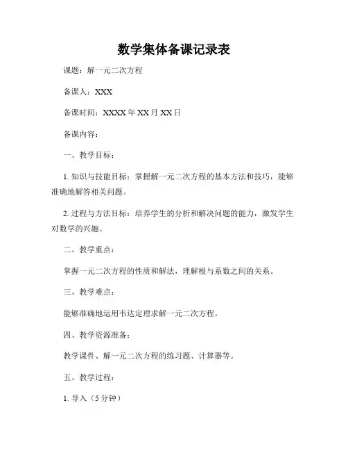 数学集体备课记录表