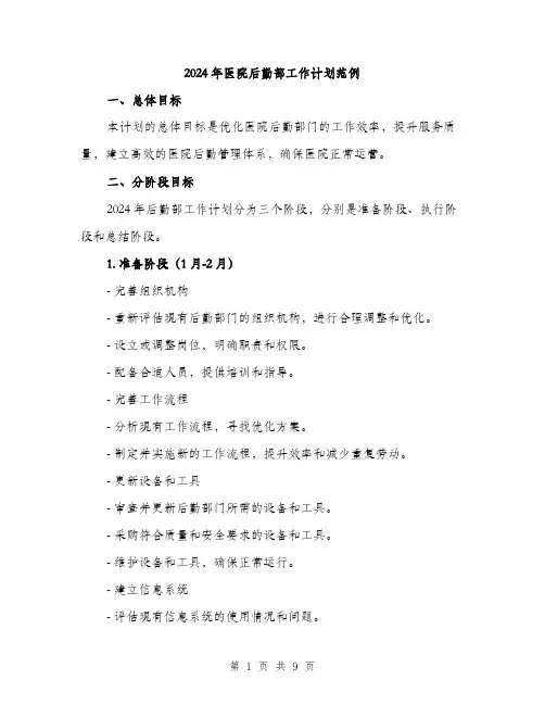 2024年医院后勤部工作计划范例(三篇)