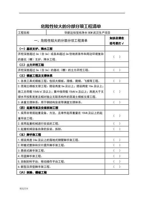 危险性较大的分部分项工程清单