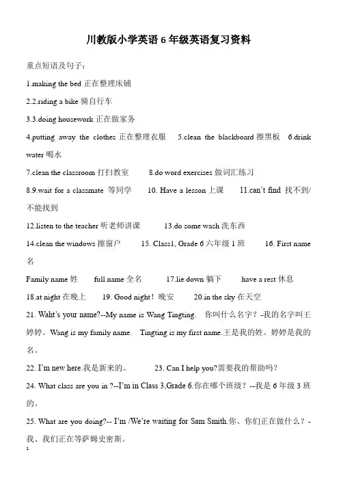 川教版六年级下册英语复习资料
