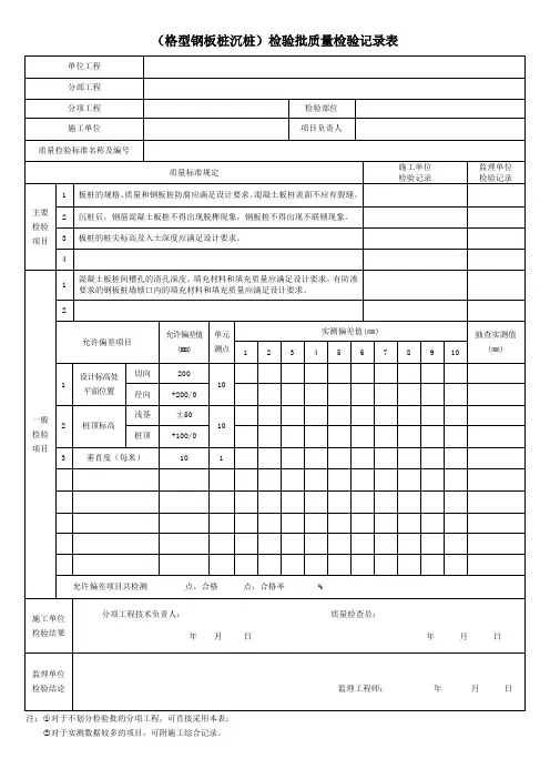 (格型钢板桩沉桩)检验批质量检验记录表
