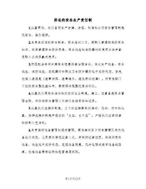 班长的安全生产责任制(五篇)