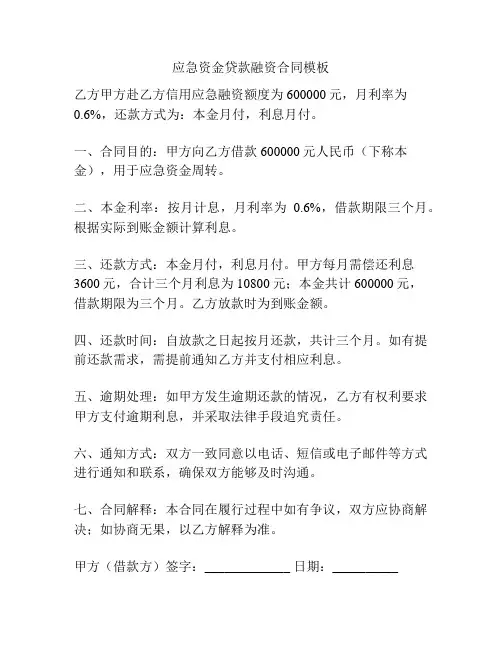 应急资金贷款融资合同模板