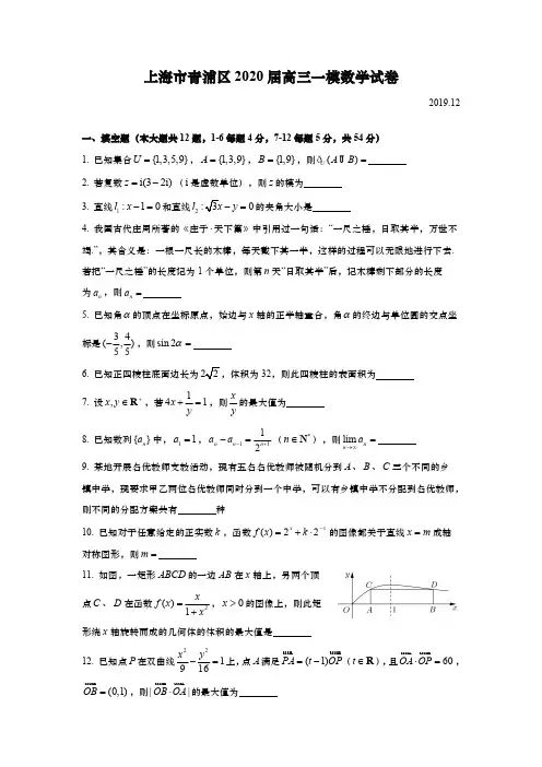 上海市青浦区2020年高三第一学期期末(一模)学科质量检测数学试卷(逐题精解版)