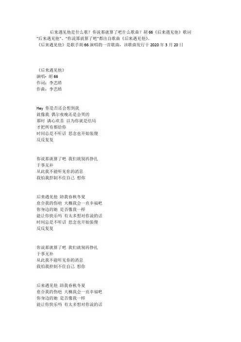 后来遇见他是什么歌？你说那就算了吧什么歌曲？胡66《后来遇见他》歌词