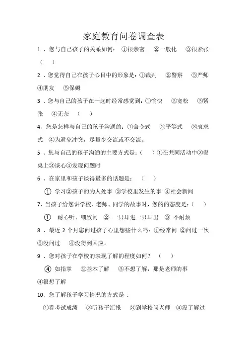 家庭教育问卷及困惑