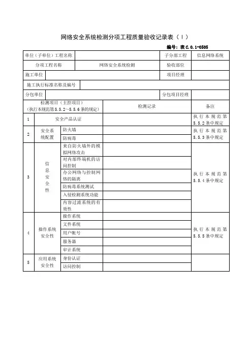 网络安全系统检测分项工程质量验收记录表Ⅰ(Word)