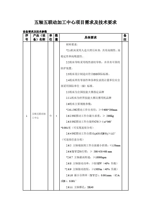 五轴五联动加工中心项目需求及技术要求