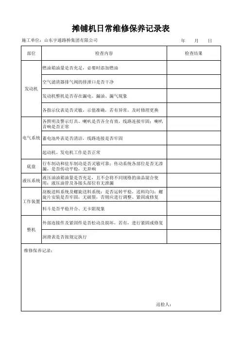摊铺机日常检查维修保养记录