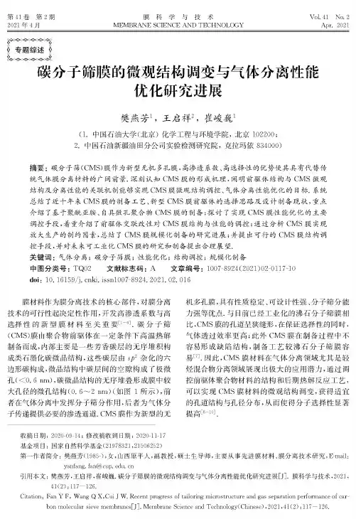 碳分子筛膜的微观结构调变与气体分离性能优化研究进展