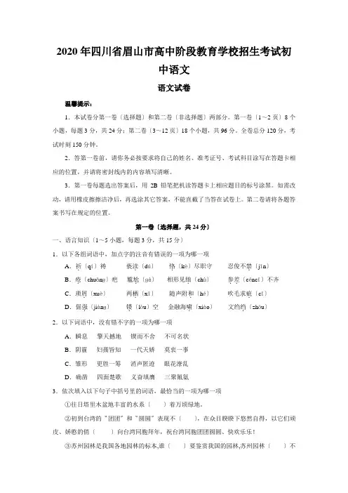 2020年四川省眉山市高中阶段教育学校招生考试初中语文