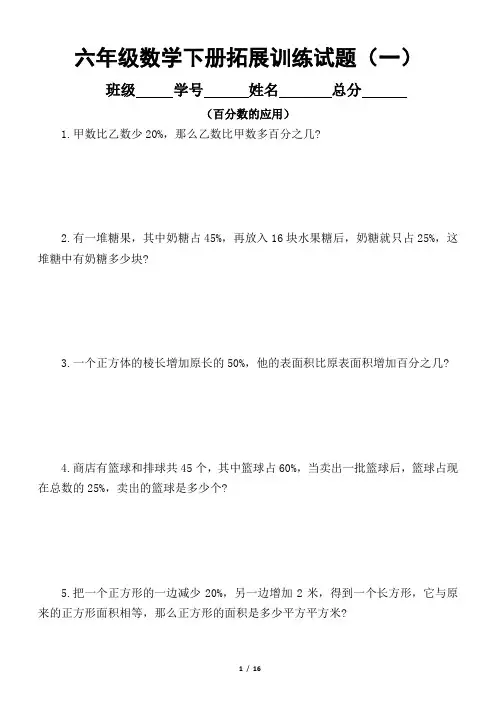 小学数学六年级下册拓展训练试题(共8套)