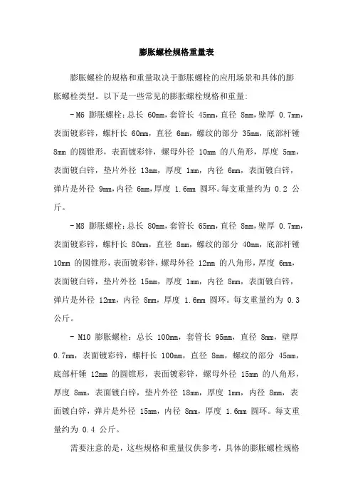 膨胀螺栓规格重量表