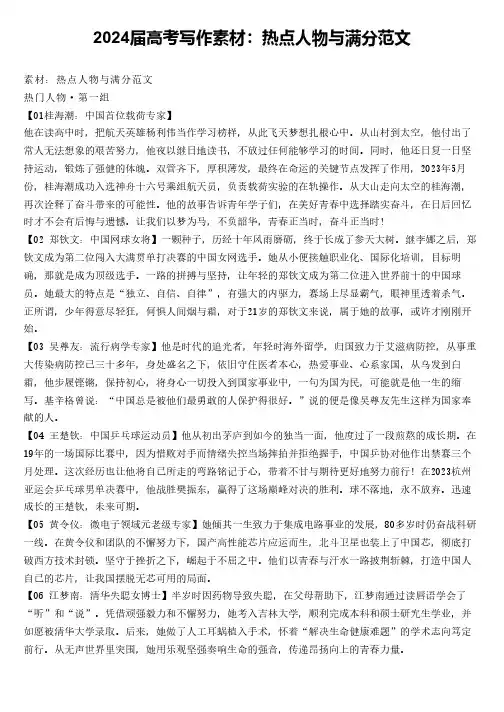 2024届高考写作素材：热点人物与满分范文