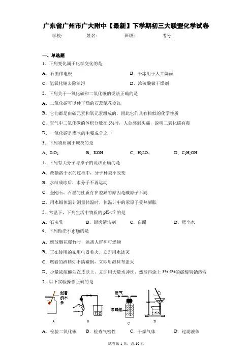 广东省广州市广大附中2020-2021学年下学期初三大联盟化学试卷
