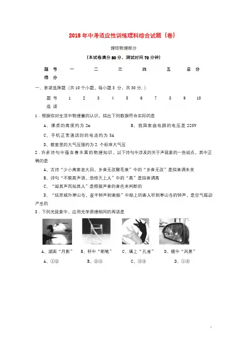 山西农业大学附属中学2018届中考物理适应性训练试题201806291158