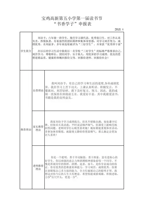 六一班书香学子申报表