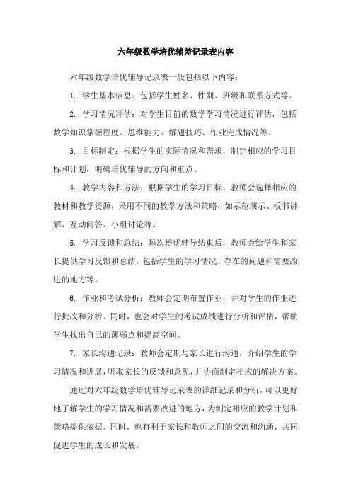 六年级数学培优辅差记录表内容