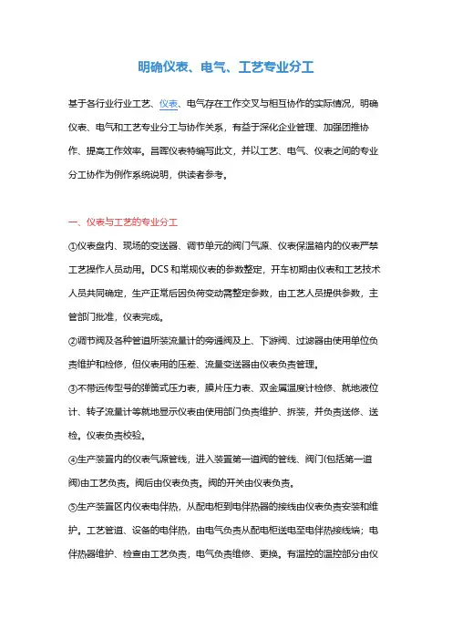 明确仪表、电气、工艺专业分工
