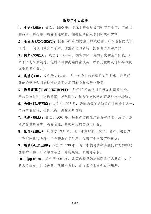 防盗门十大名牌