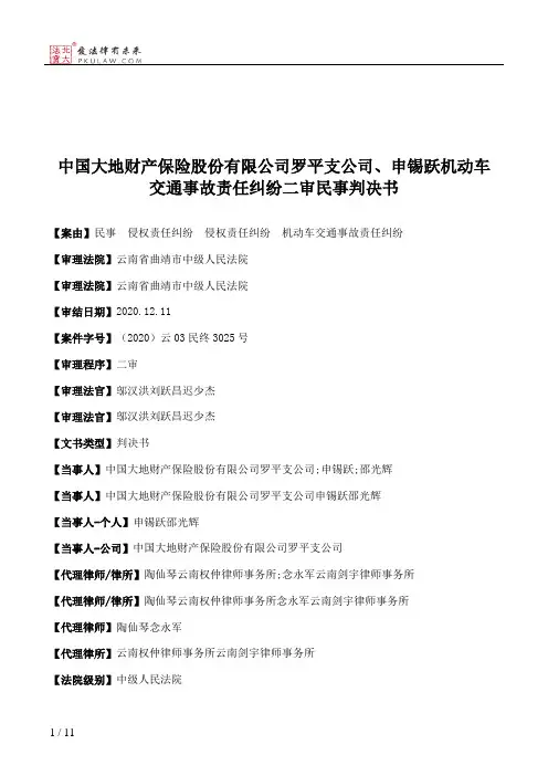 中国大地财产保险股份有限公司罗平支公司、申锡跃机动车交通事故责任纠纷二审民事判决书