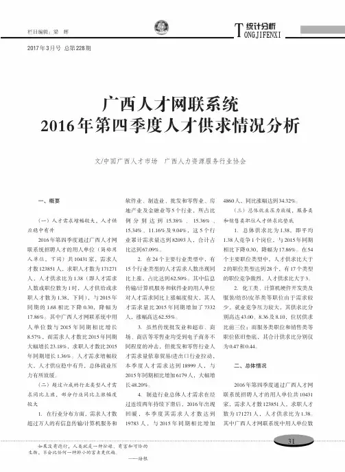 广西人才网联系统2016年第四季度人才供求情况分析