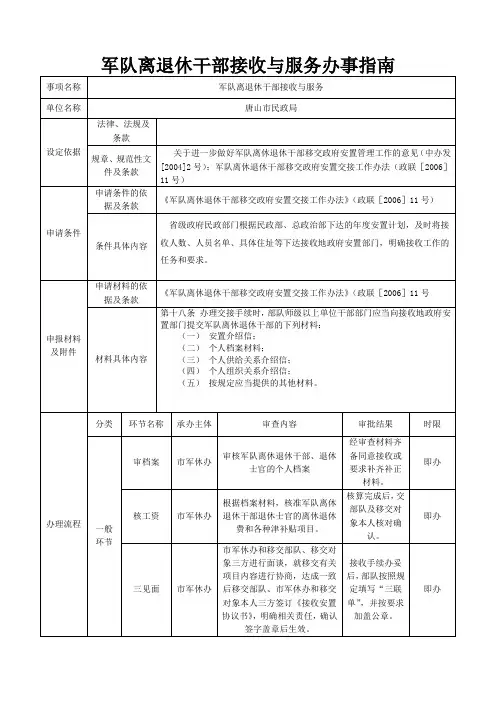 军队离退休干部接收与服务办事指南