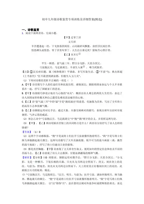 初中九年级诗歌鉴赏专项训练及详细答案(精选)