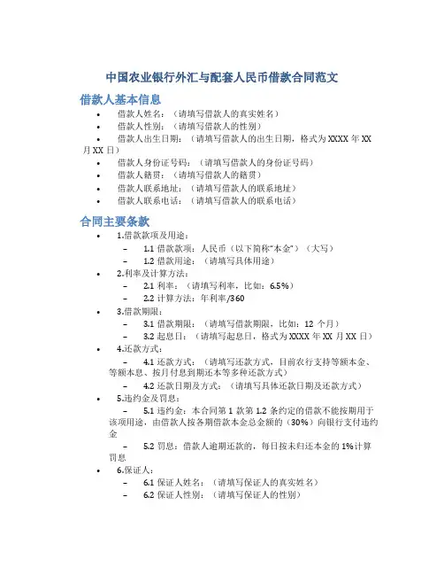 中国农业银行外汇与配套人民币借款合同范文