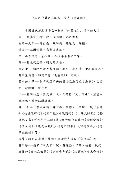 中国历代著名书法家一览表-(珍藏版)