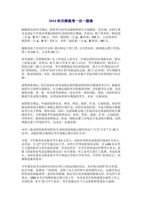 2014年天津高考一分一段表