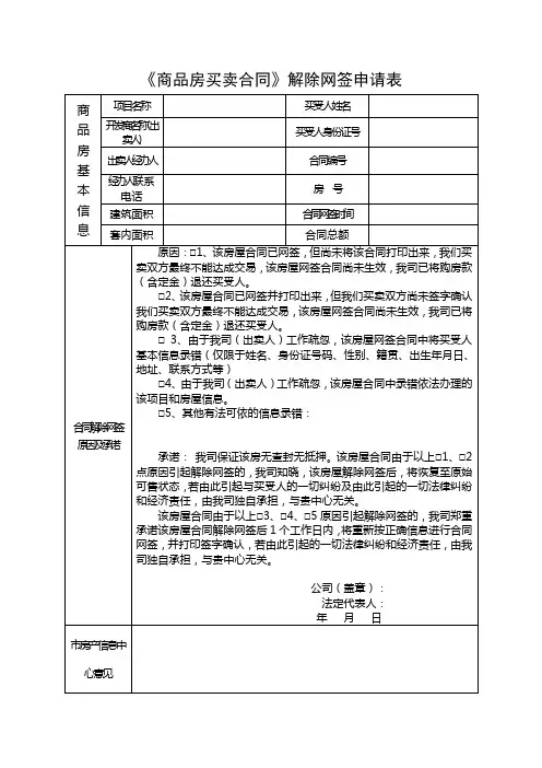 《商品房买卖合同》提交撤销申请审批表
