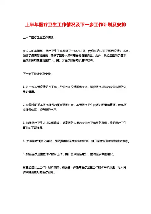 上半年医疗卫生工作情况及下一步工作计划及安排