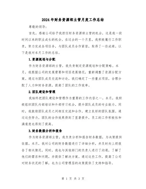 2024年财务资源部主管月度工作总结(二篇)
