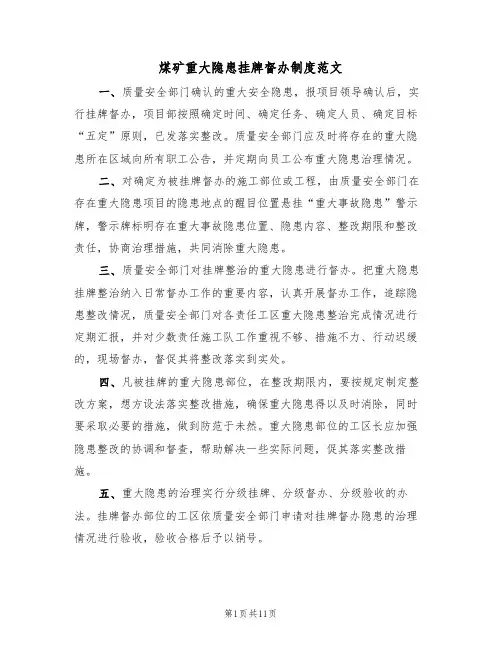 煤矿重大隐患挂牌督办制度范文（5篇）