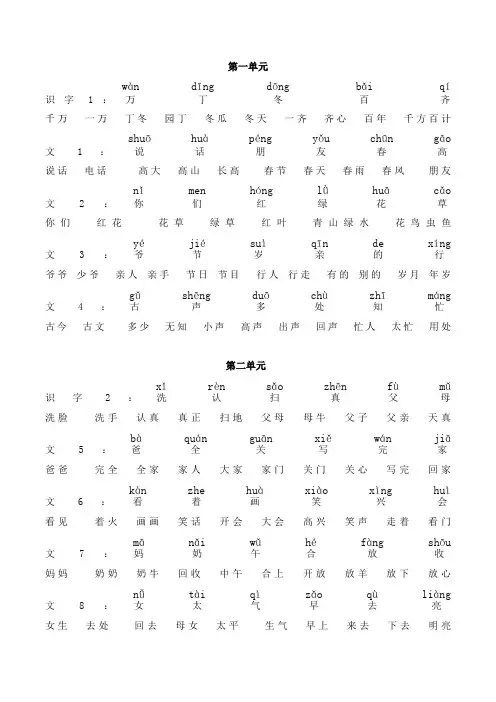 人教版小学一年级语文下册生字(带拼音)与组词
