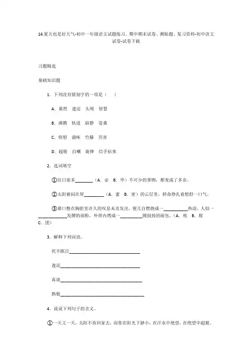 14.夏天也是好天气-初中一年级语文试题练习、期中期末试卷-初中语文试卷